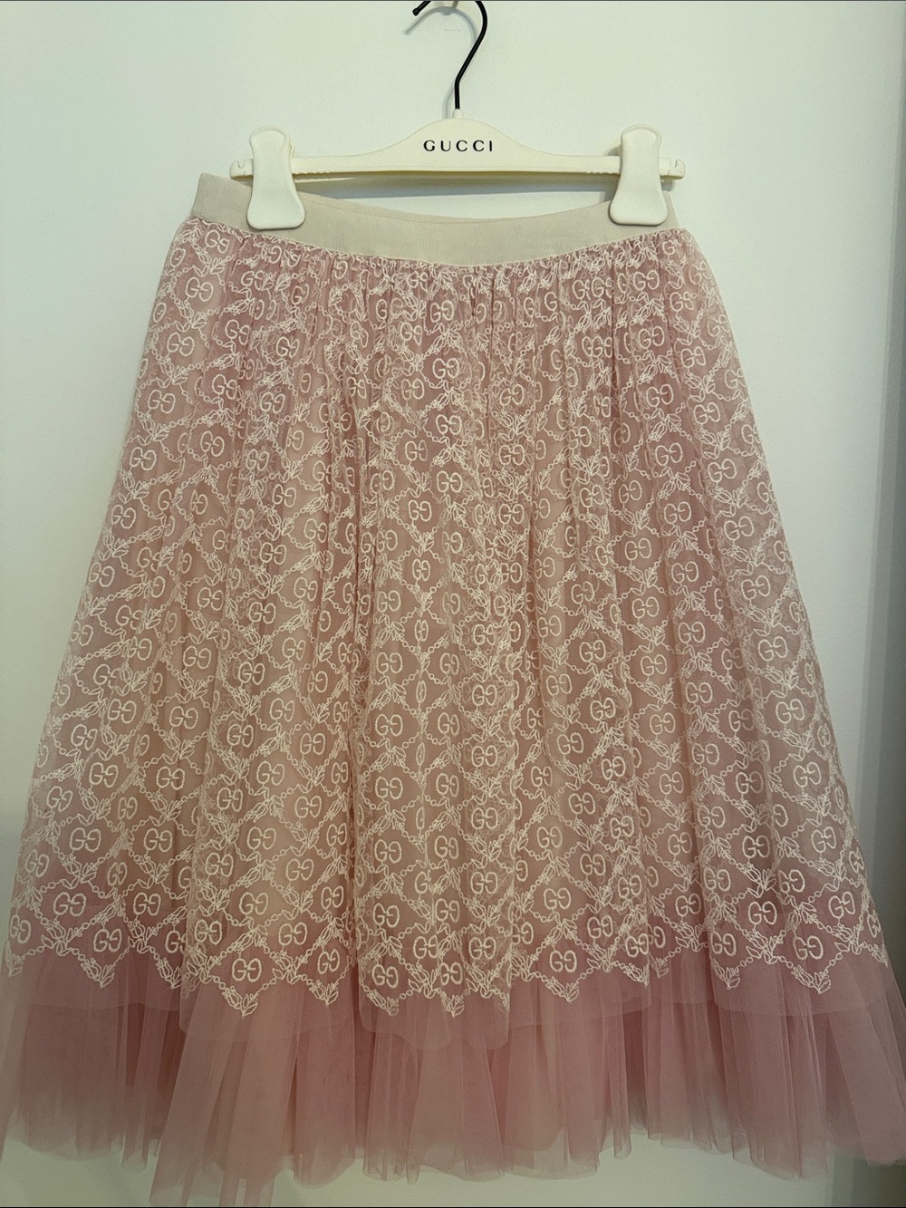 Gucci Pink Lace Monogram Tulle Midi Skirt